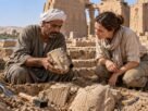2 estátuas gigantes de Ramsés II, uma usando uma coroa dupla, descobertas por homens no Egito