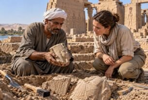 2 estátuas gigantes de Ramsés II, uma usando uma coroa dupla, descobertas por homens no Egito