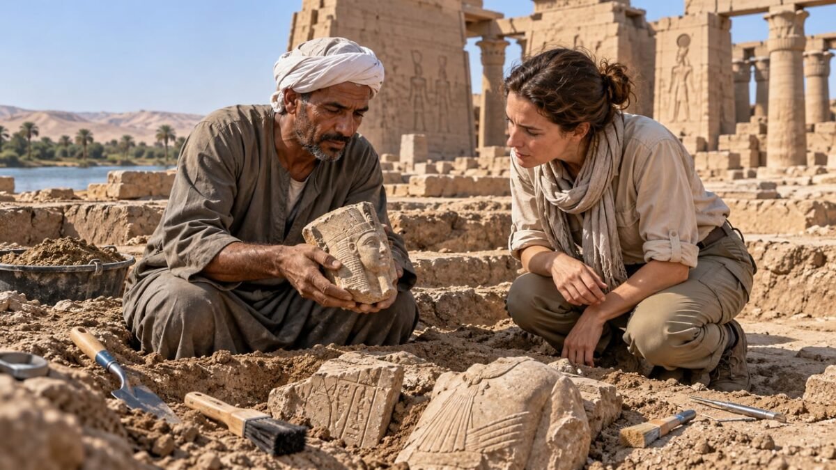 2 estátuas gigantes de Ramsés II, uma usando uma coroa dupla, descobertas por homens no Egito