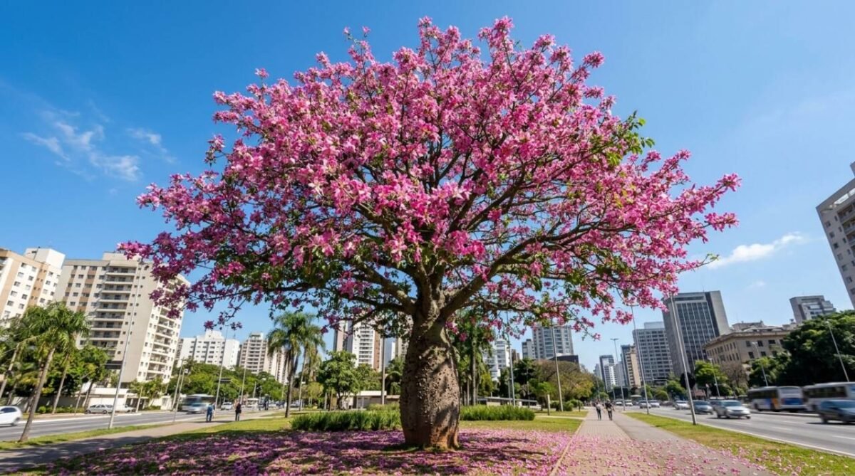 A árvore de tronco barrigudo e cheio de espinhos que enche as cidades de flores cor-de-rosa e ainda solta uma paina parecida com algodão