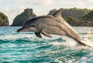 Ao amanhecer, grupos de golfinhos-rotadores entram em uma baía de Fernando de Noronha para descansar, mas ninguém pode descer até suas águas: o parque nacional marinho onde visitantes observam os animais do alto de um mirante.