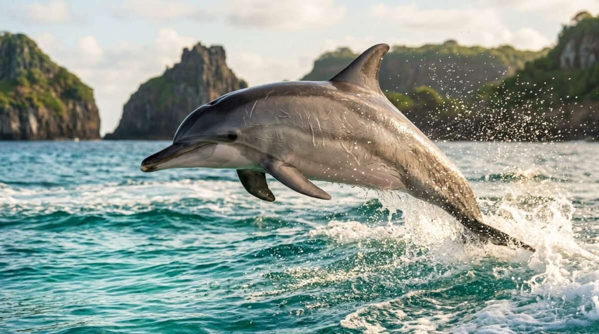 Ao amanhecer, grupos de golfinhos-rotadores entram em uma baía de Fernando de Noronha para descansar, mas ninguém pode descer até suas águas: o parque nacional marinho onde visitantes observam os animais do alto de um mirante.
