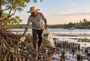 Artesão do Maranhão recolhe materiais descartados pelo mar há mais de 15 anos e transforma resíduos em esculturas que retratam pescadores, guarás e manguezais da Amazônia costeira