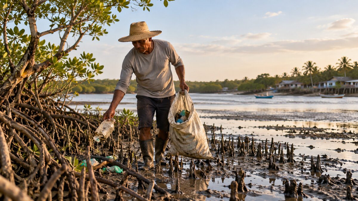 Artesão do Maranhão recolhe materiais descartados pelo mar há mais de 15 anos e transforma resíduos em esculturas que retratam pescadores, guarás e manguezais da Amazônia costeira