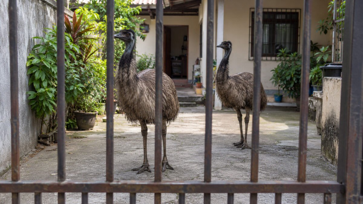 Ave australiana de quase dois metros aparece correndo entre carros num viaduto do Rio, polícia encontra outro exemplar dentro de uma casa e ambos são encaminhados para cuidados