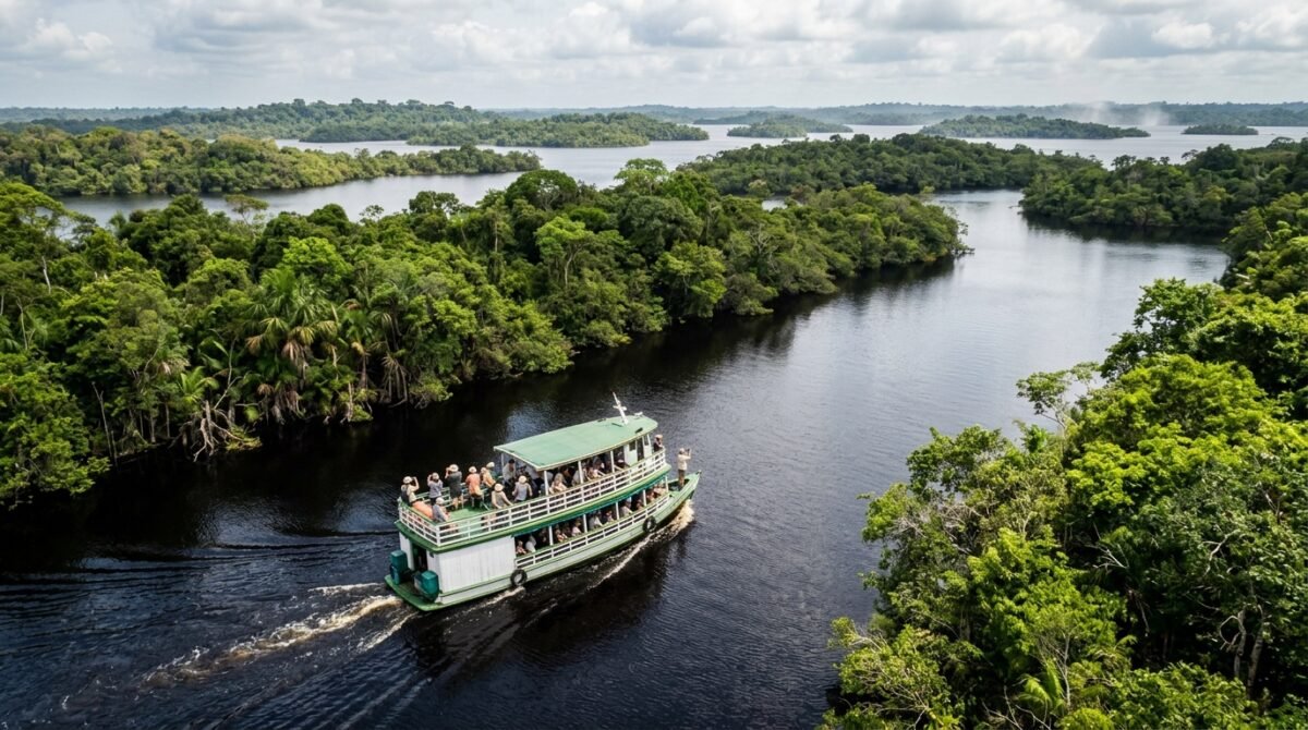Cerca de 400 ilhas formam um labirinto natural de canais, lagos e florestas alagadas que mudam de aparência conforme o nível do Rio Negro: o parque nacional do Amazonas com mais de 350 mil hectares onde praias de areia surgem durante a vazante e animais amazônicos encontram proteção.