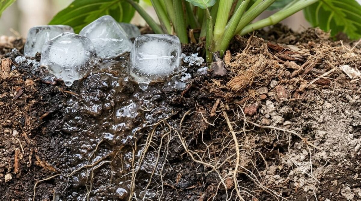 Colocar gelo no vaso de uma planta parece prático, mas a temperatura e a distribuição da água podem prejudicar as raízes