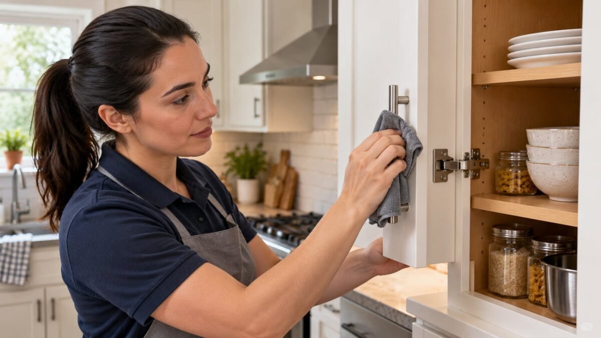 Como um limpador profissional remove gordura dos armários da cozinha sem danificar o acabamento
