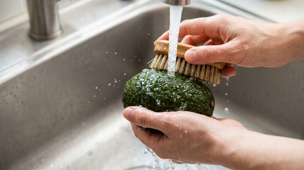 Cortar o abacate sem lavar a casca parece inofensivo porque ela será descartada, mas a faca pode transferir bactérias para a polpa: a FDA recomenda lavar a fruta antes do corte, mesmo quando a parte externa não será consumida.
