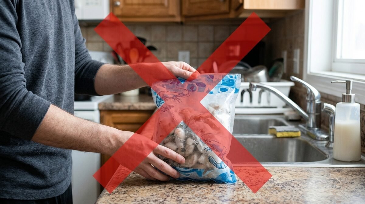 Deixar o camarão congelado descongelando sobre a bancada parece uma forma prática de acelerar o preparo, mas a temperatura ambiente favorece a multiplicação de microrganismos: no Canadá, autoridades recomendam descongelar frutos do mar na geladeira, em água fria ou no micro-ondas antes do cozimento.