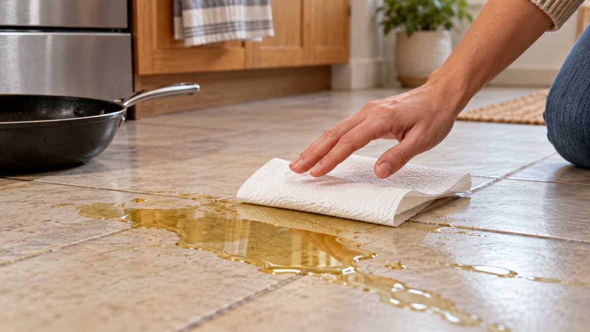 Dois especialistas em limpeza concordam: “Não tente limpar óleo derramado com um pano ou papel-toalha. Cubra-o com uma boa camada de farinha.”