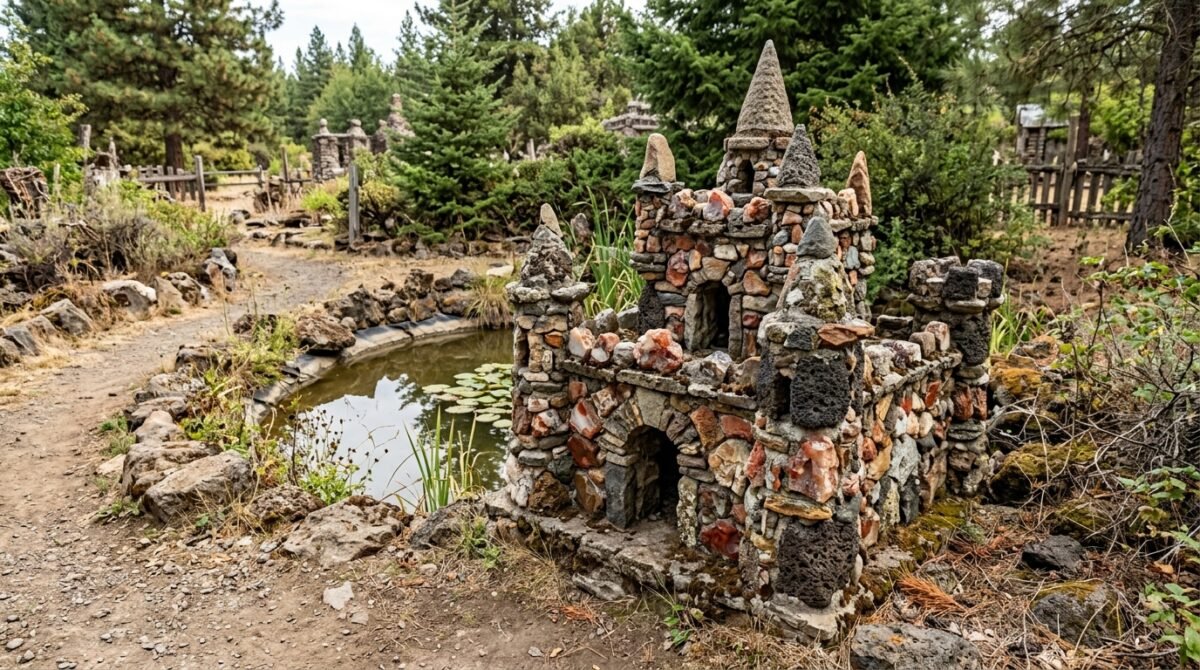 Em 1935, fazendeiro de 52 anos começou a construir castelos em miniatura com pedras retiradas da própria terra: o passatempo virou um jardim de 1,6 hectare com pontes, igrejas e monumentos