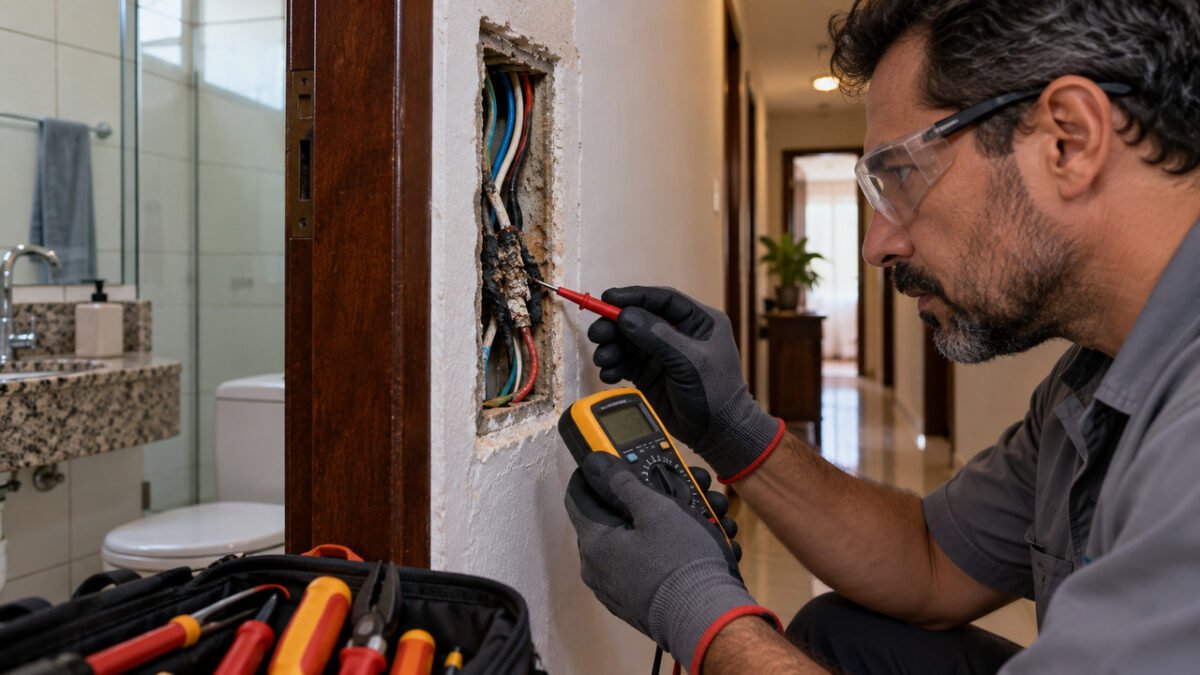 Família começa a ouvir um estalo dentro da parede sempre que liga o chuveiro, ignora durante meses e só procura ajuda quando uma tomada do outro lado começa a aquecer