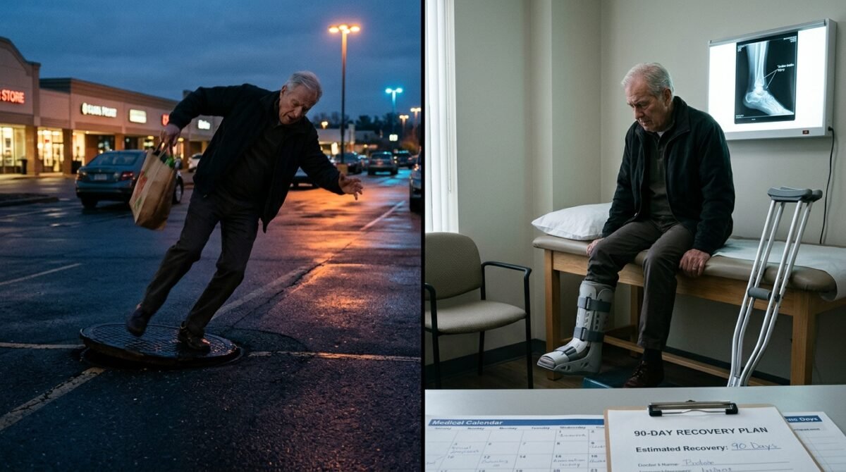 Idoso tropeça em tampa elevada no estacionamento de shopping, rompe tendão da perna, precisa passar por cirurgia e fica mais de 90 dias afastado do trabalho; um obstáculo mal sinalizado pode resultar em R$ 20 mil por danos morais, R$ 10 mil por danos estéticos e ressarcimento de despesas