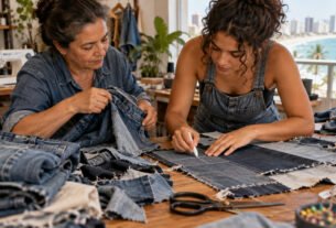 Mãe e filha de Fortaleza reaproveitam calças jeans descartadas, transformam retalhos em roupas autorais e criam negócio depois de mais de 20 anos de trabalho formal