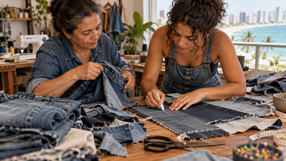 Mãe e filha de Fortaleza reaproveitam calças jeans descartadas, transformam retalhos em roupas autorais e criam negócio depois de mais de 20 anos de trabalho formal
