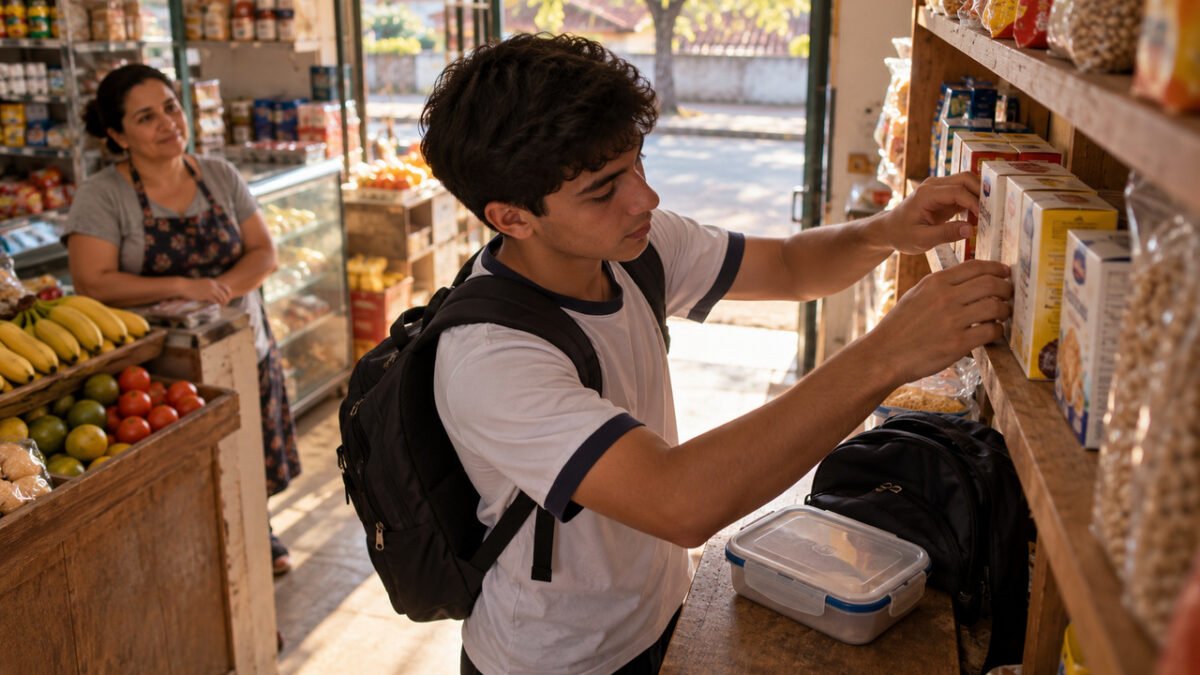 Mãe percebe que o filho nunca pede dinheiro para o lanche da escola, acredita que ele está economizando e descobre que ele ajuda o pai no pequeno comércio antes da aula para pagar as próprias despesas