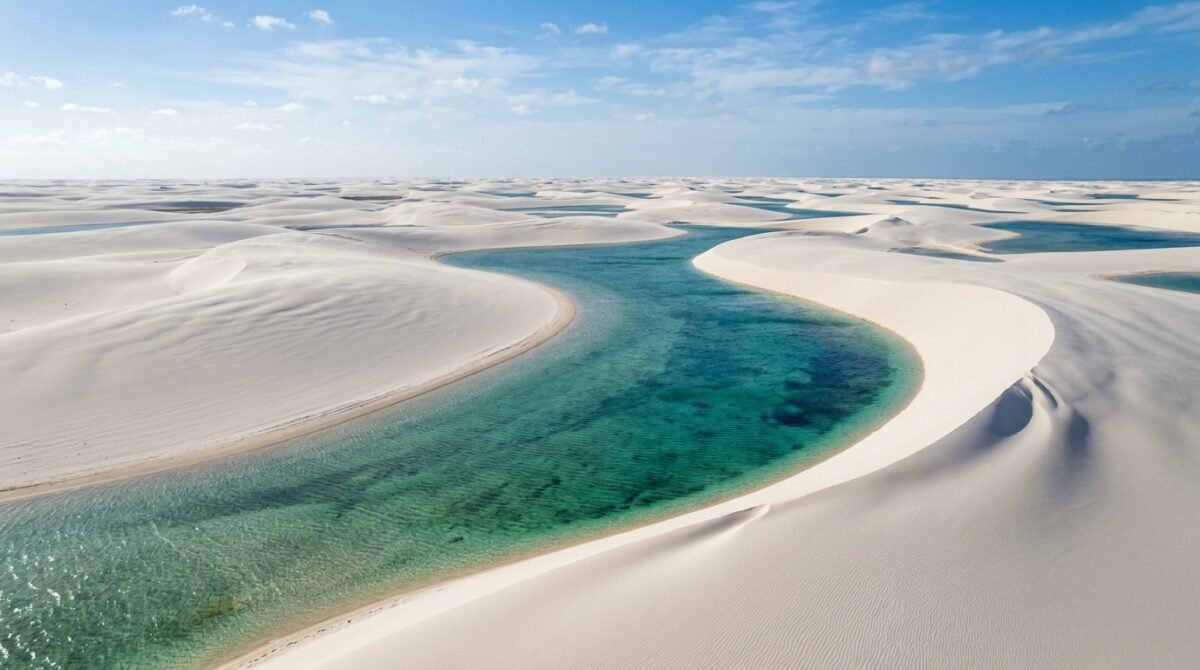 Mais de 156 mil hectares de dunas brancas formam uma paisagem onde lagoas de água doce aparecem entre montanhas de areia durante a estação chuvosa: o parque nacional do Maranhão que recebeu o título de Patrimônio Natural da Humanidade pela Unesco em 2024.