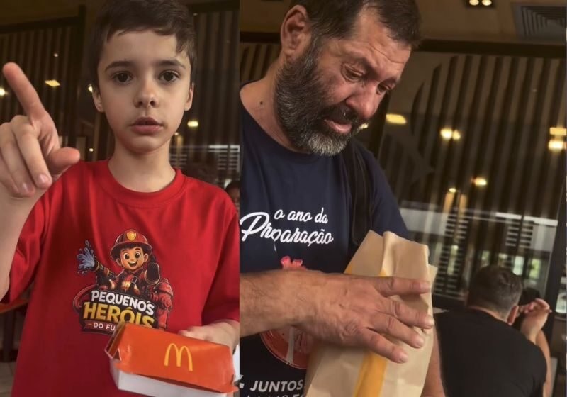 Menino de 9 anos divide lanche com homem do lado de fora do McDonald’s e emociona a mãe; vídeo