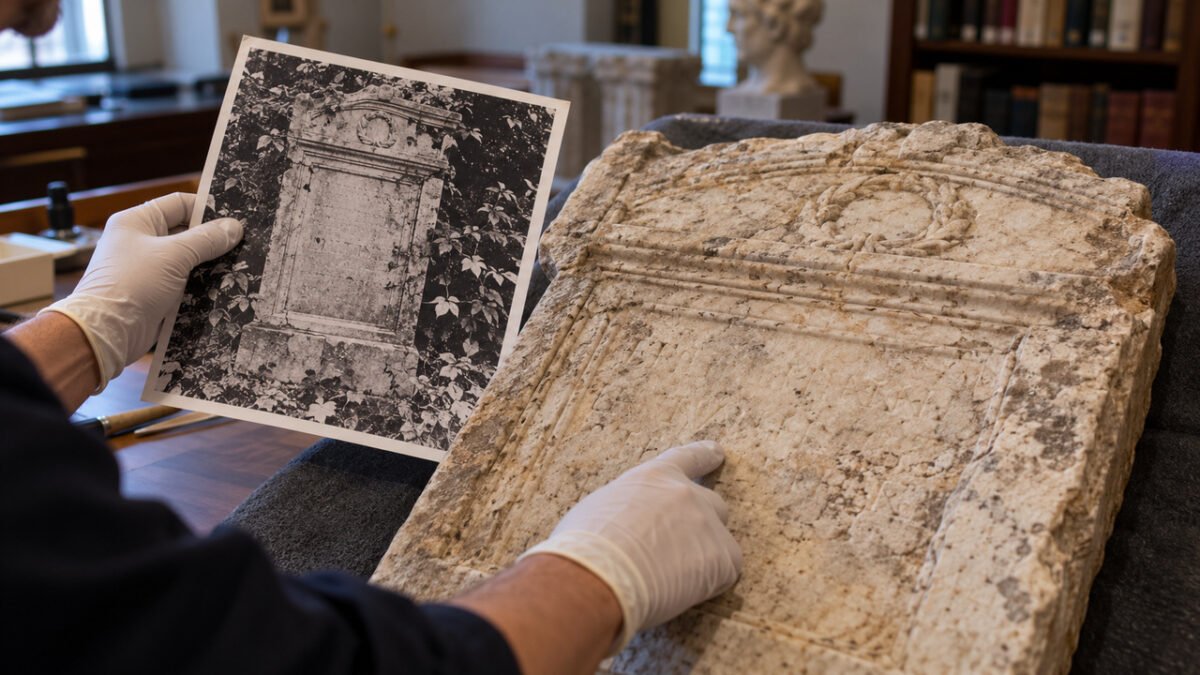 Mulher encontra pedra funerária romana de cerca de 2 mil anos durante limpeza do quintal, autoridades identificam soldado de 42 anos e devolvem peça à Itália