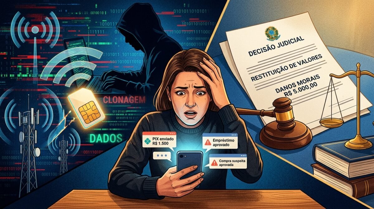 Mulher tem linha telefônica clonada, recebe ligação de falsos funcionários do banco e descobre empréstimos, transferências por Pix e compras que não autorizou; falhas na segurança bancária podem terminar em devolução dos valores cobrados indevidamente e R$ 5 mil por danos morais