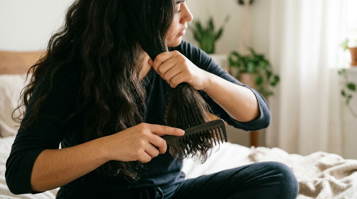 O pente parece um detalhe, mas desembaraçar o cabelo pela raiz pode aumentar a quebra: por que começar pelas pontas muda a forma de tirar os nós