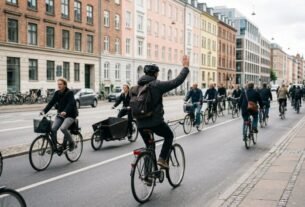 Parar a bicicleta sem avisar quem vem atrás pode criar um problema: na Dinamarca, os sinais com os braços fazem parte das orientações para circular entre outros ciclistas