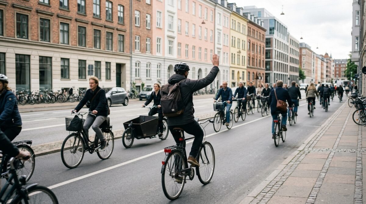 Parar a bicicleta sem avisar quem vem atrás pode criar um problema: na Dinamarca, os sinais com os braços fazem parte das orientações para circular entre outros ciclistas