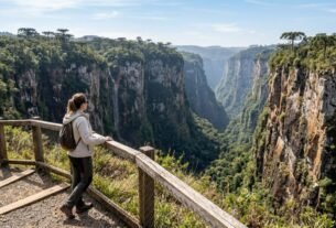Paredões de até 720 metros de profundidade cercam um cânion de 5,8 quilômetros de extensão no Sul do Brasil: o parque nacional onde visitantes podem caminhar por mirantes na borda ou explorar o leito do Rio do Boi acompanhados por um condutor.