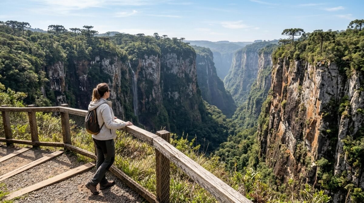 Paredões de até 720 metros de profundidade cercam um cânion de 5,8 quilômetros de extensão no Sul do Brasil: o parque nacional onde visitantes podem caminhar por mirantes na borda ou explorar o leito do Rio do Boi acompanhados por um condutor.
