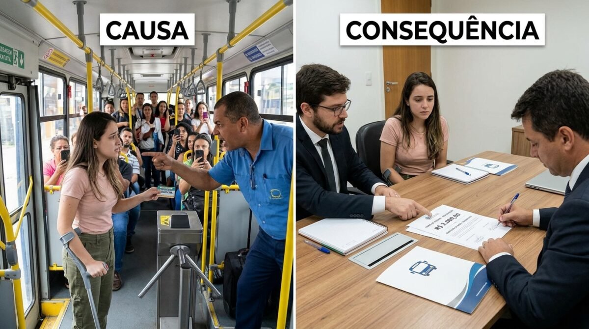 Passageira com deficiência utiliza o passe livre em ônibus e recebe tratamento ofensivo do motorista diante de outros usuários, enquanto a empresa admite que houve destrato; uma abordagem humilhante no transporte público pode terminar em R$ 2 mil de indenização