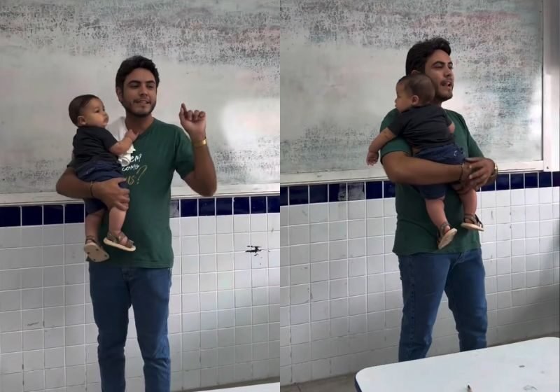 Professor segura bebê de aluna no colo para ela não perder a aula, na Paraíba; vídeo