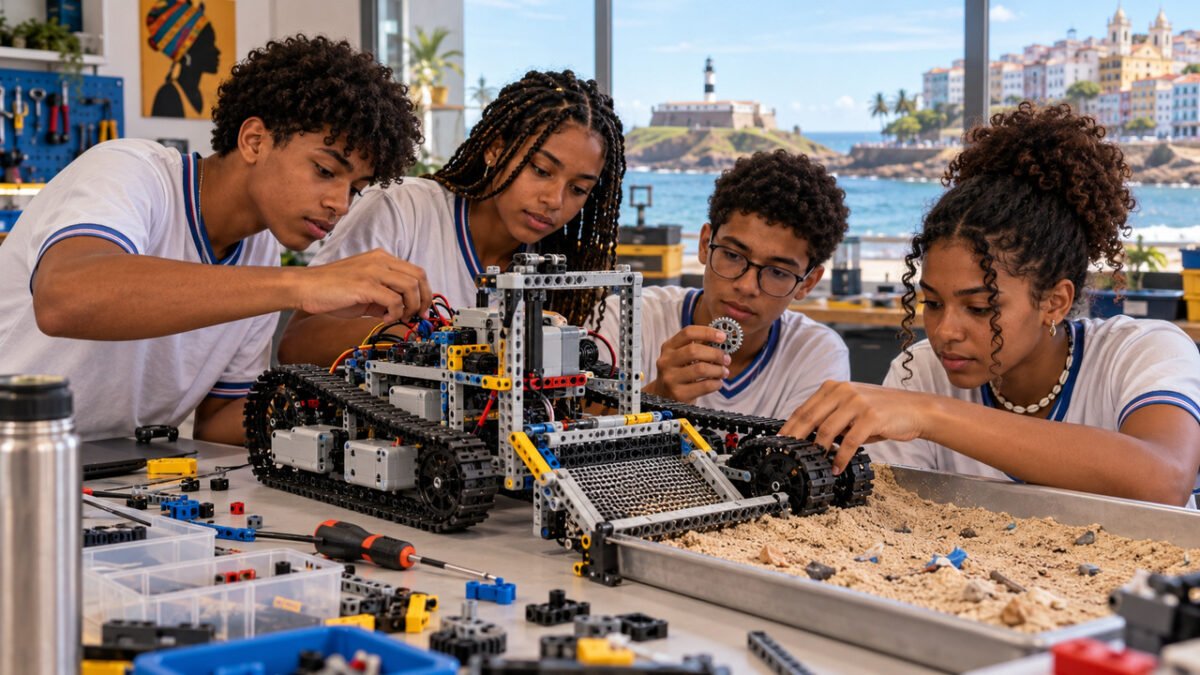 Quatro estudantes de escola pública da Bahia criam robô com peças de Lego capaz de recolher resíduos nas praias de forma autônoma