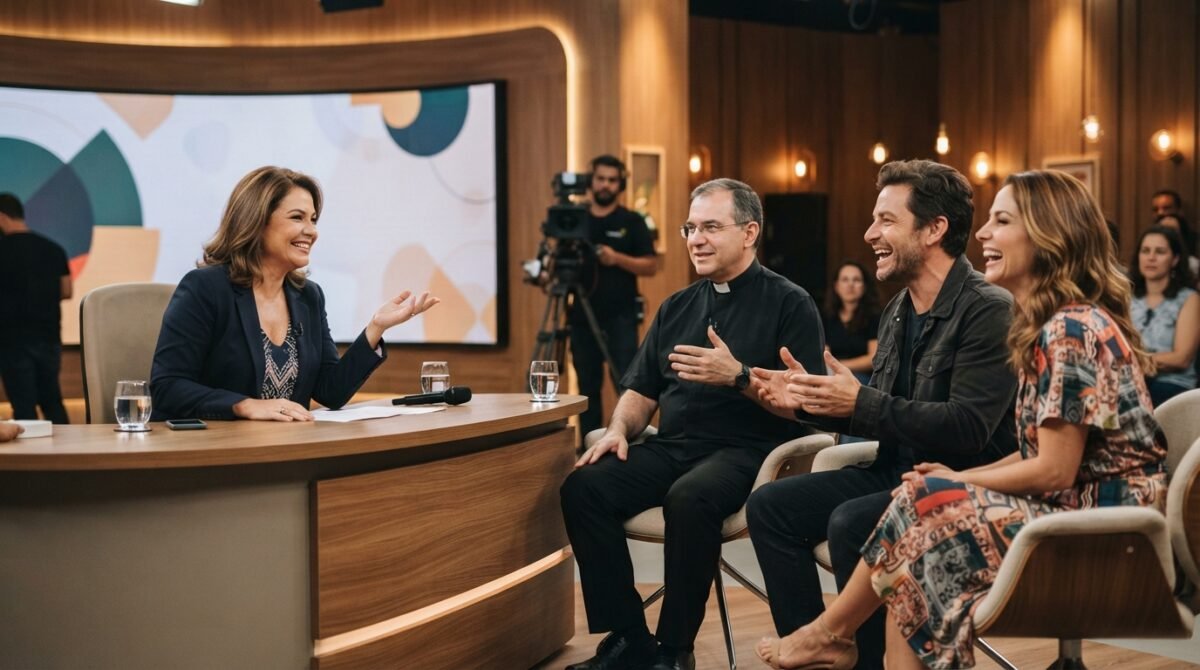 Sem Censura, da TV Brasil, recebe Padre Fábio de Melo, ator Marcos Veras e atriz Mariana Santos