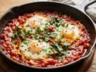 Shakshuka para variar o jantar: uma receita de ovos cozidos no molho de tomate, preparada em uma única frigideira e servida com pão