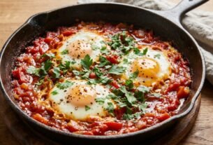 Shakshuka para variar o jantar: uma receita de ovos cozidos no molho de tomate, preparada em uma única frigideira e servida com pão