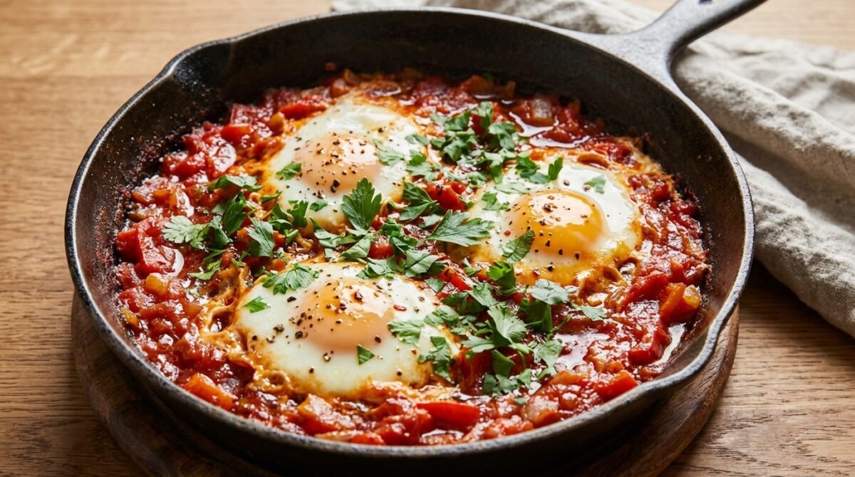 Shakshuka para variar o jantar: uma receita de ovos cozidos no molho de tomate, preparada em uma única frigideira e servida com pão