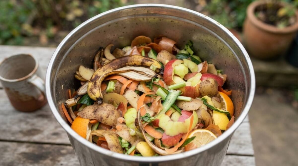 Só jogar restos úmidos da cozinha na composteira cria um desequilíbrio e uma segunda parte seca precisa acompanhar esse material