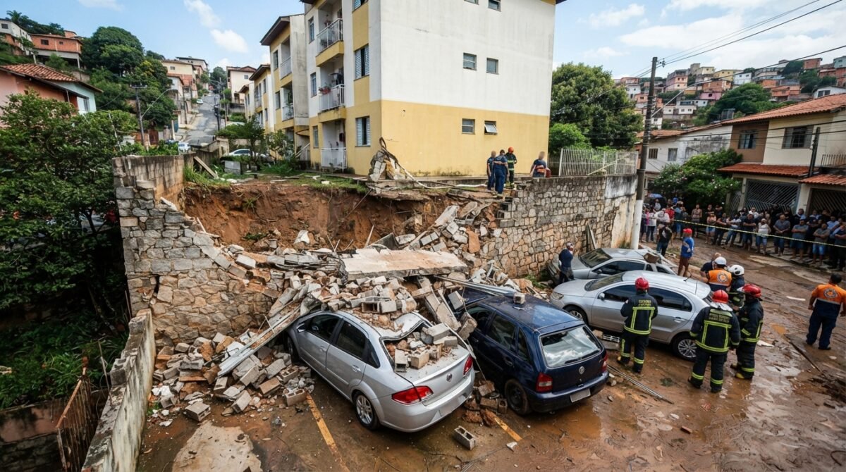 VÍDEO: Queda de muro atinge carros em prédio após escavação vizinha no bairro João Pinheiro em BH